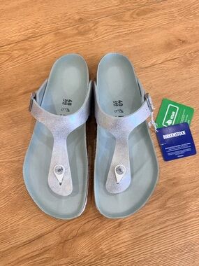 Birkenstock Gizeh Sandals in Pale Blue with Iridescent Strap